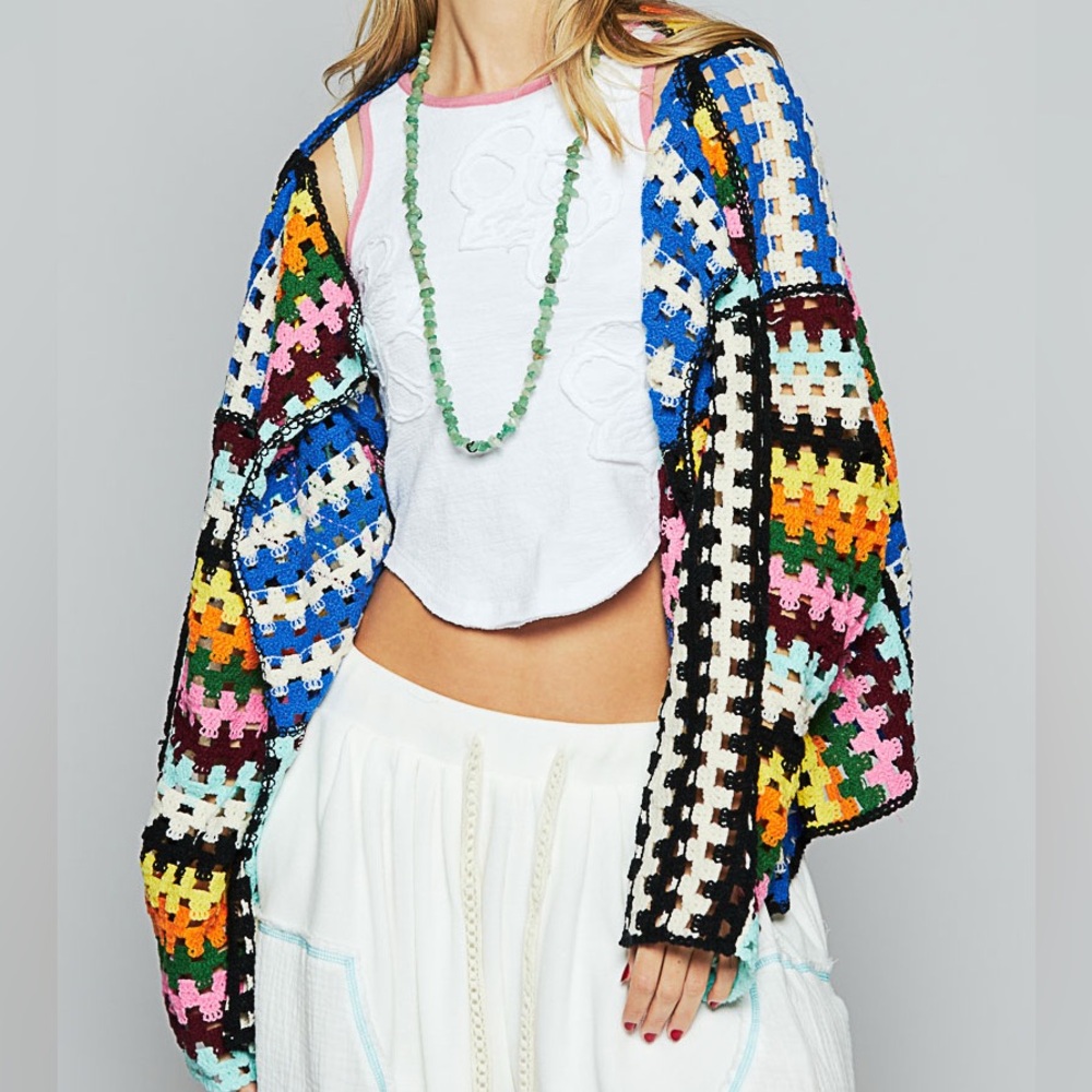 POL Multicolor Crochet Open-Front Sweater Onesize